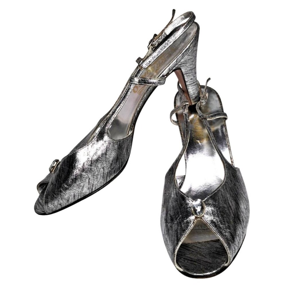 Salvatore Ferragamo 1950s Vintage Silver OP Art Slingback Peep Toe Heels 8A